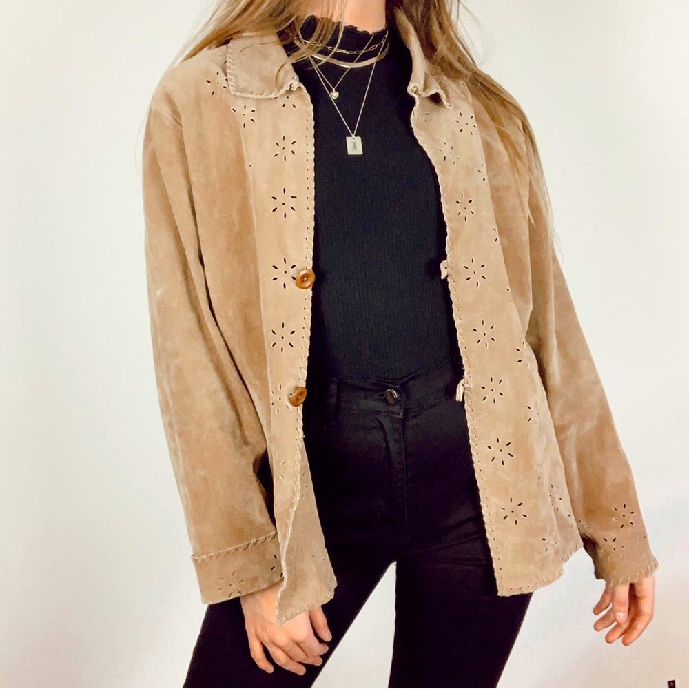 Vintage floral eyelets leather jacket